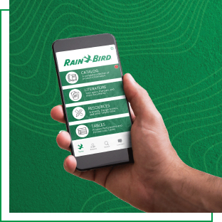 hand holding mobile phone displaying Rain Bird Resources App