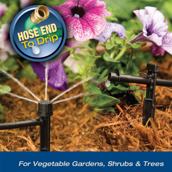 Hose end to drip for vegetable gardens, shrubs, and trees