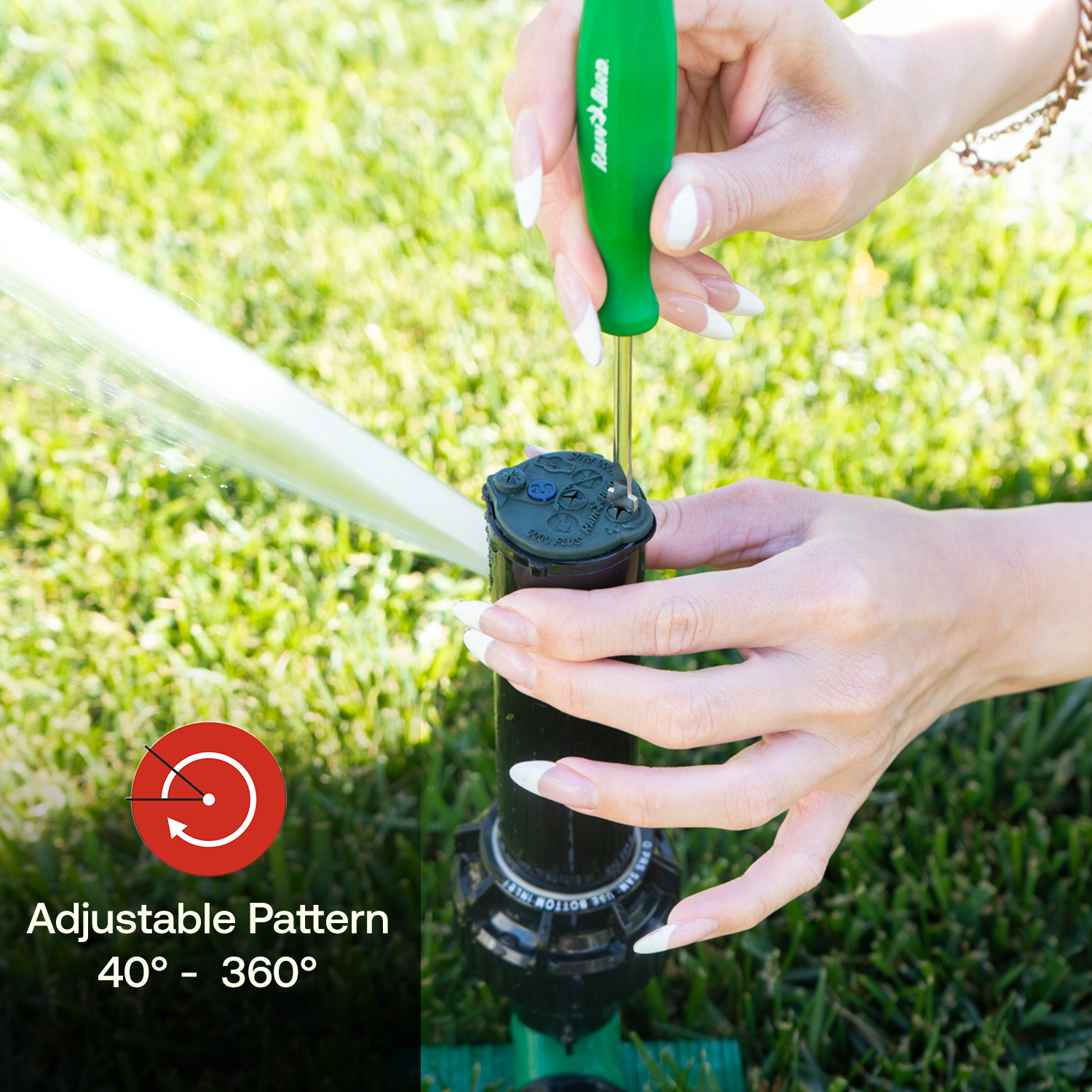 Align the nozzle to the left most edge of desired coverage area (arc).
