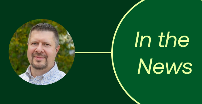 Green background with "In the News" text, image of Matt Prucinsky to left
