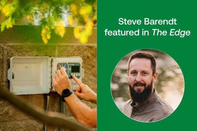 Irrigation controller being adjusted outdoors, alongside a graphic highlighting a featured article.