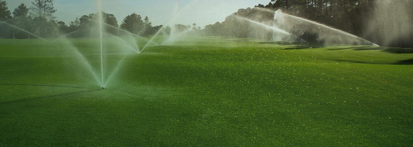Golf course with rain bird irrigation system watering the grass