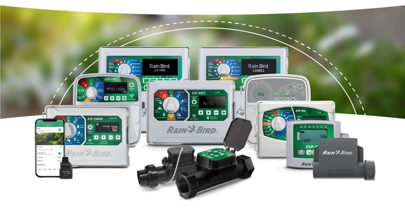 Photo of many Rain Bird controllers 